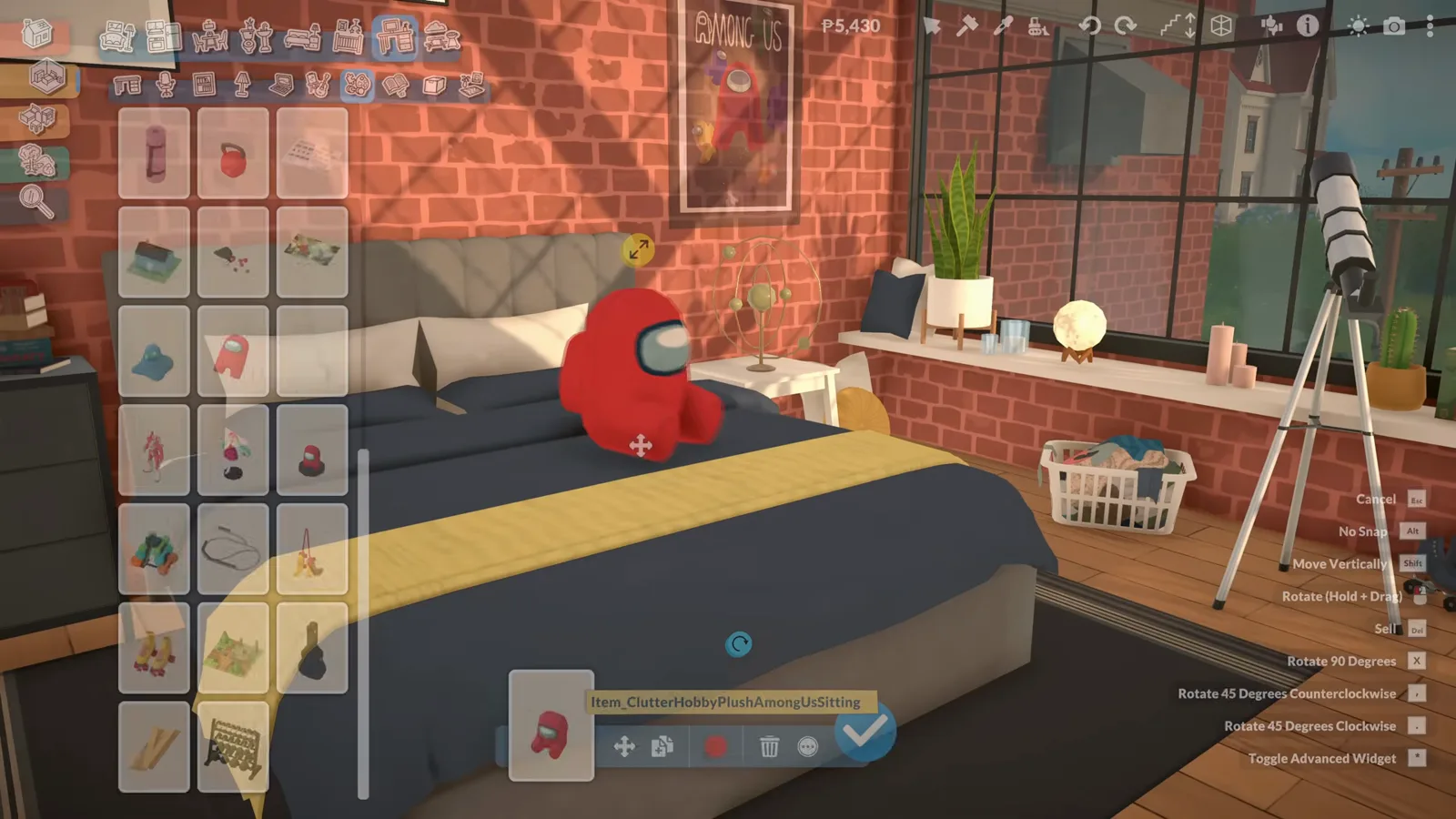 In Paralives' build mode, the player places a red Among Us crewmate plush on a bed beneath a framed Among Us poster, showing the free collab decorations. In Paralives' build mode, the player places a red Among Us crewmate plush on a bed beneath a framed Among Us poster, showing the free collab decorations.