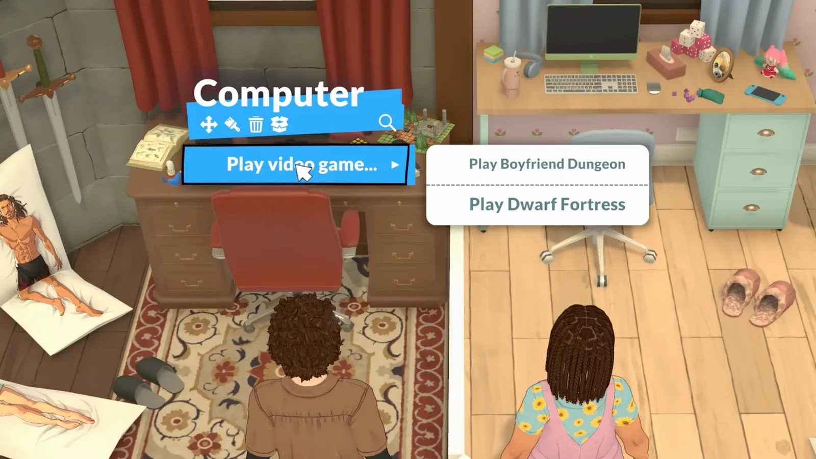 The computer's 'Play video game' menu in Paralives lists 'Play Boyfriend Dungeon' and 'Play Dwarf Fortress', the two Kitfox Games titles added by the collab. The computer's 'Play video game' menu in Paralives lists 'Play Boyfriend Dungeon' and 'Play Dwarf Fortress', the two Kitfox Games titles added by the collab.