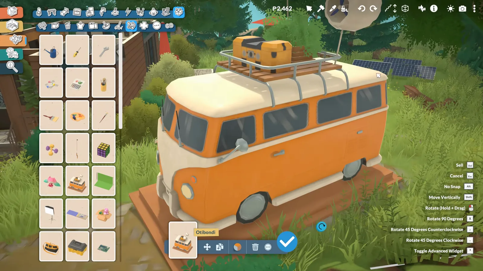 The orange Otibondi camper van from the Outbound collab sits placed on a grassy lot in Paralives' build mode, next to the outdoor item catalog. The orange Otibondi camper van from the Outbound collab sits placed on a grassy lot in Paralives' build mode, next to the outdoor item catalog.