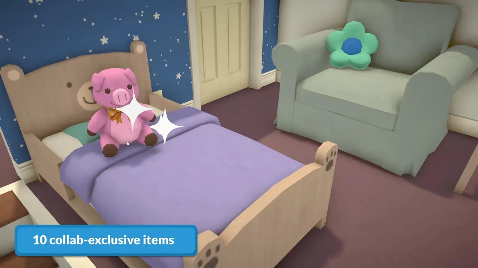 The pink pig plush from the Unpacking collab sparkles on a child's bed in Paralives, one of ten collab-exclusive items shown in the trailer. The pink pig plush from the Unpacking collab sparkles on a child's bed in Paralives, one of ten collab-exclusive items shown in the trailer.