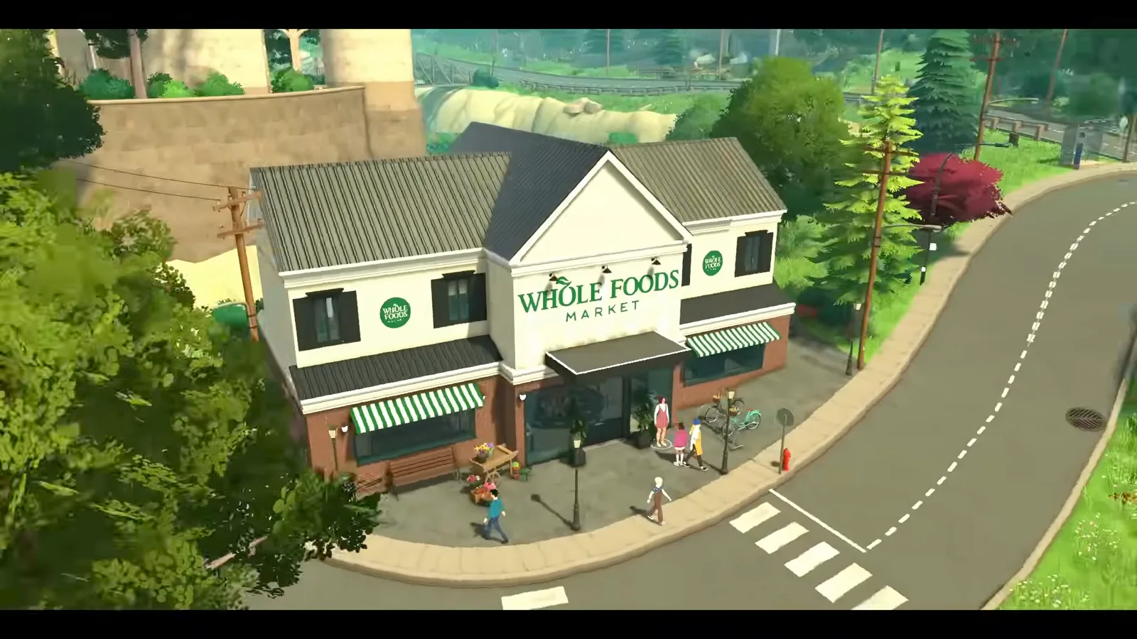 Finished Paralives grocery store with green striped awnings and a Whole Foods style sign as customers walk past Finished Paralives grocery store with green striped awnings and a Whole Foods style sign as customers walk past