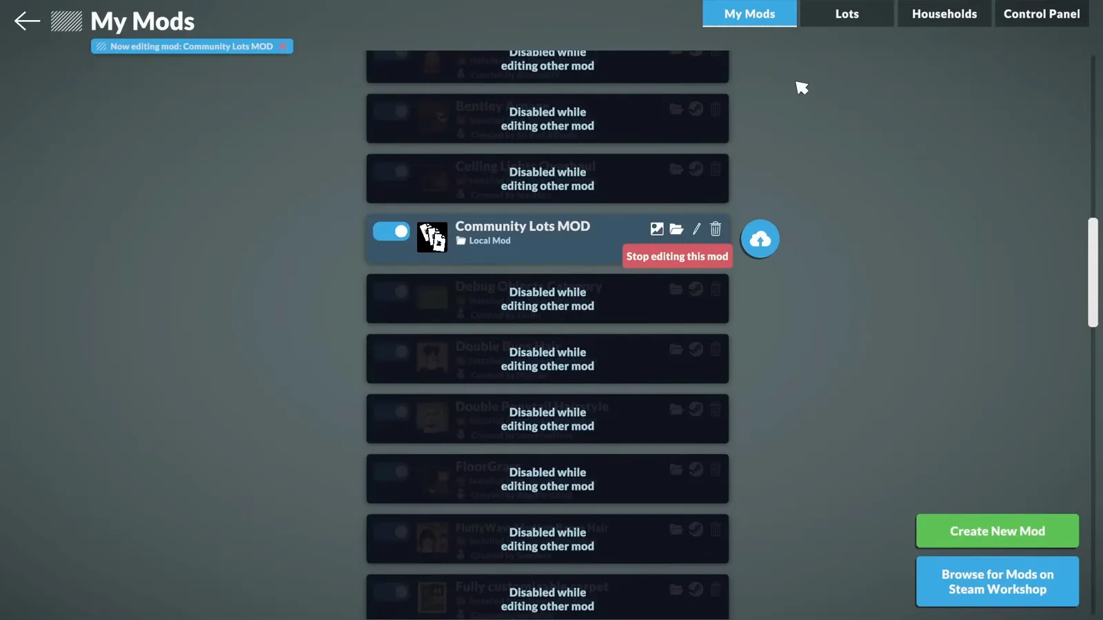 Paralives My Mods screen with Community Lots MOD enabled and other mods marked Disabled while editing other mod Paralives My Mods screen with Community Lots MOD enabled and other mods marked Disabled while editing other mod
