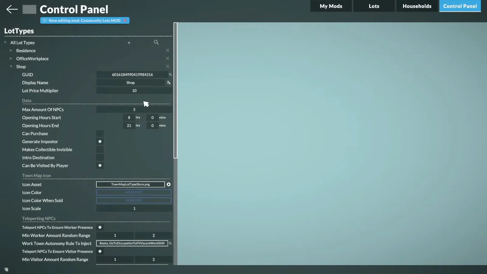 Paralives Control Panel Lot types fields showing Max Amount of NPCs and Opening Hours Start and End times Paralives Control Panel Lot types fields showing Max Amount of NPCs and Opening Hours Start and End times