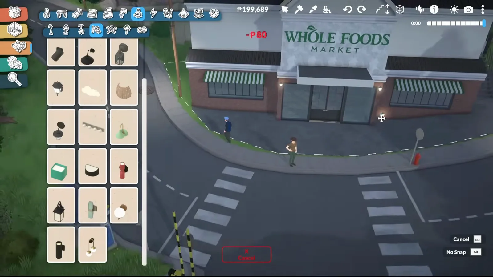 Whole Foods Market style sign mounted on a Paralives store facade with green awnings and a crosswalk Whole Foods Market style sign mounted on a Paralives store facade with green awnings and a crosswalk