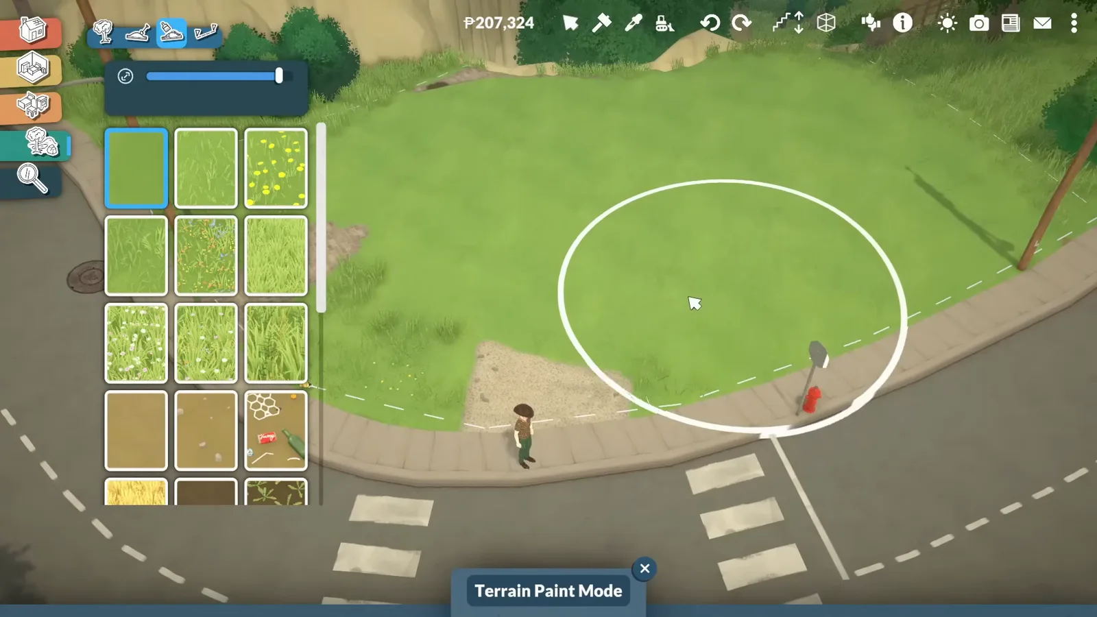 Paralives Terrain Paint Mode refreshing the grass on the cleared store lot with grass swatches open Paralives Terrain Paint Mode refreshing the grass on the cleared store lot with grass swatches open