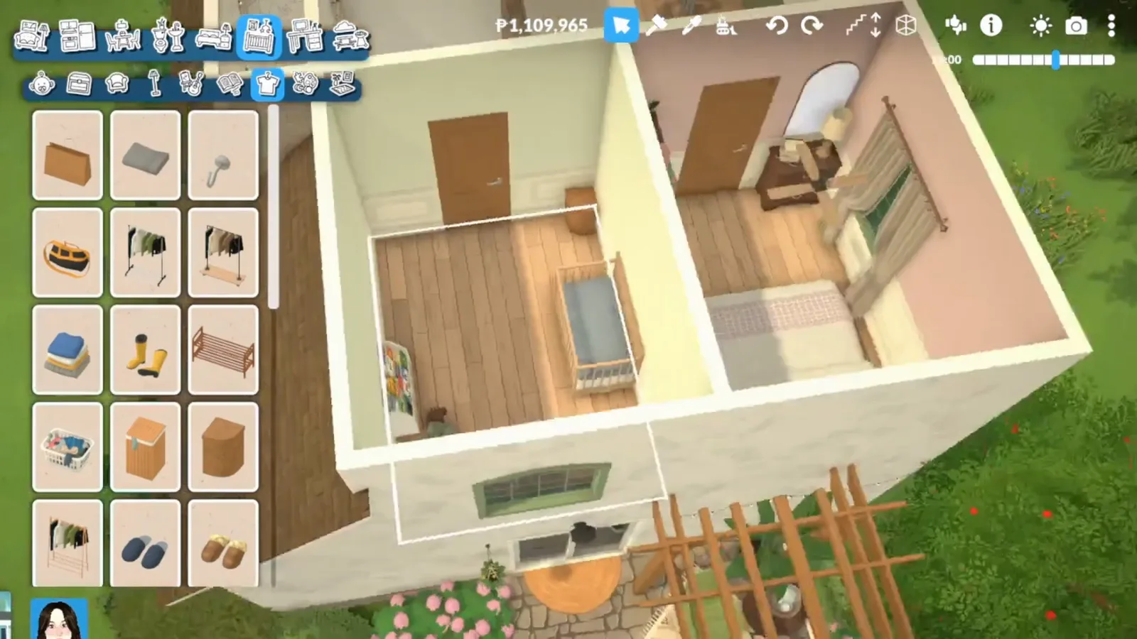 Nursery crib with a wardrobe and toy clutter fitted into the smallest upstairs room of a Paralives family cottage Nursery crib with a wardrobe and toy clutter fitted into the smallest upstairs room of a Paralives family cottage