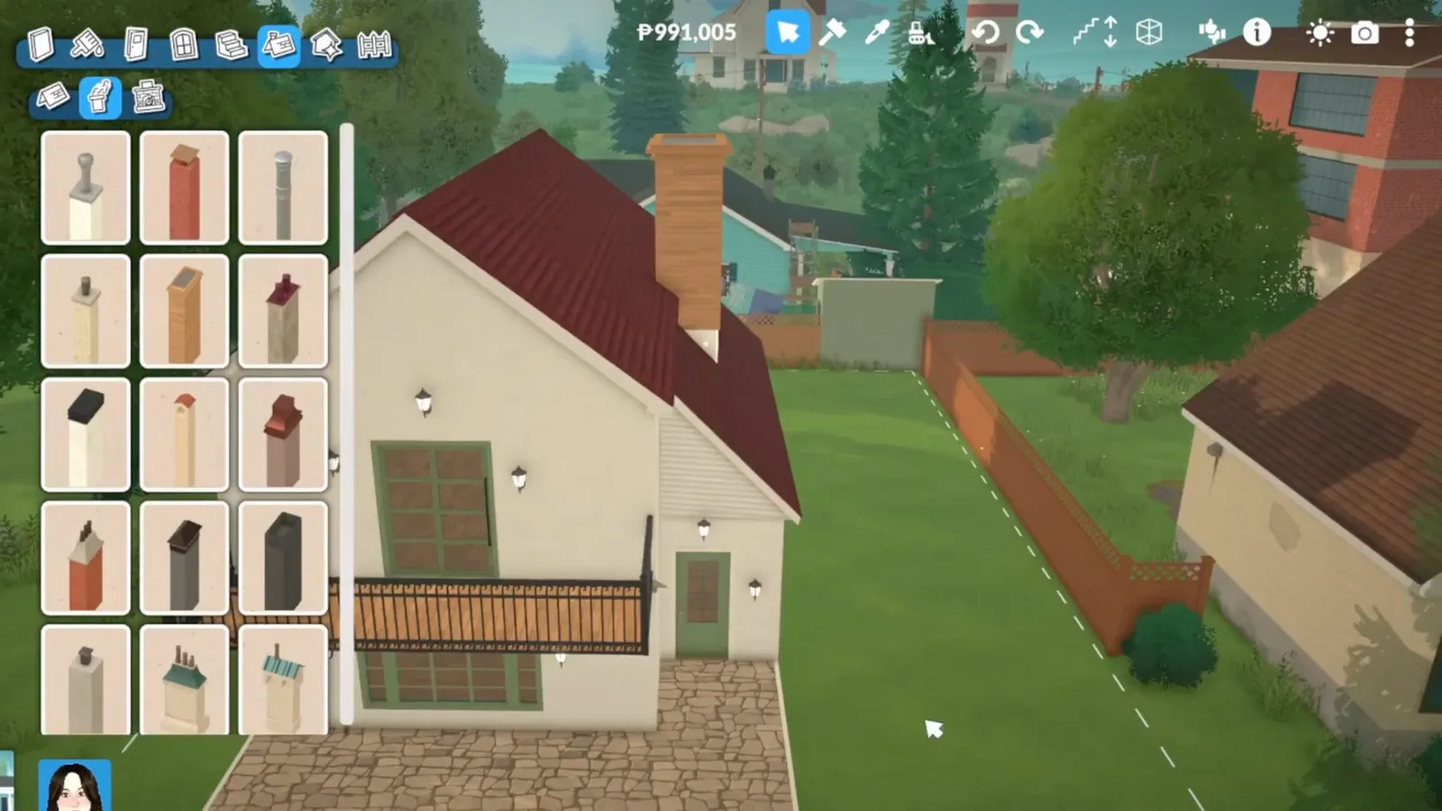 Oversized brick chimney rising past the ridge of a red Paralives cottage roof with the chimney catalogue open Oversized brick chimney rising past the ridge of a red Paralives cottage roof with the chimney catalogue open