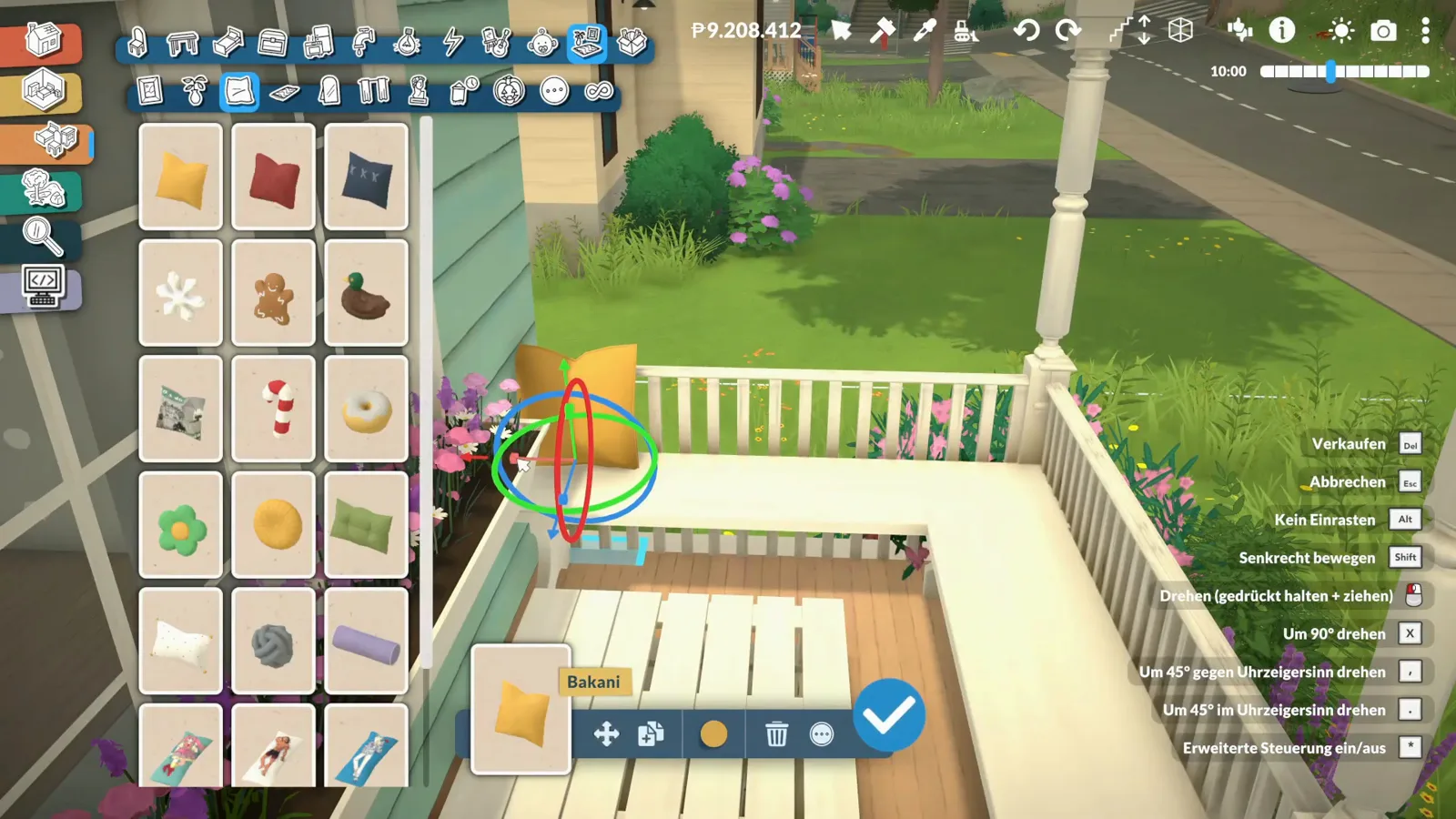 White L-shaped outdoor sofa with cushions placed on a Paralives cottage porch beside a flower box railing White L-shaped outdoor sofa with cushions placed on a Paralives cottage porch beside a flower box railing