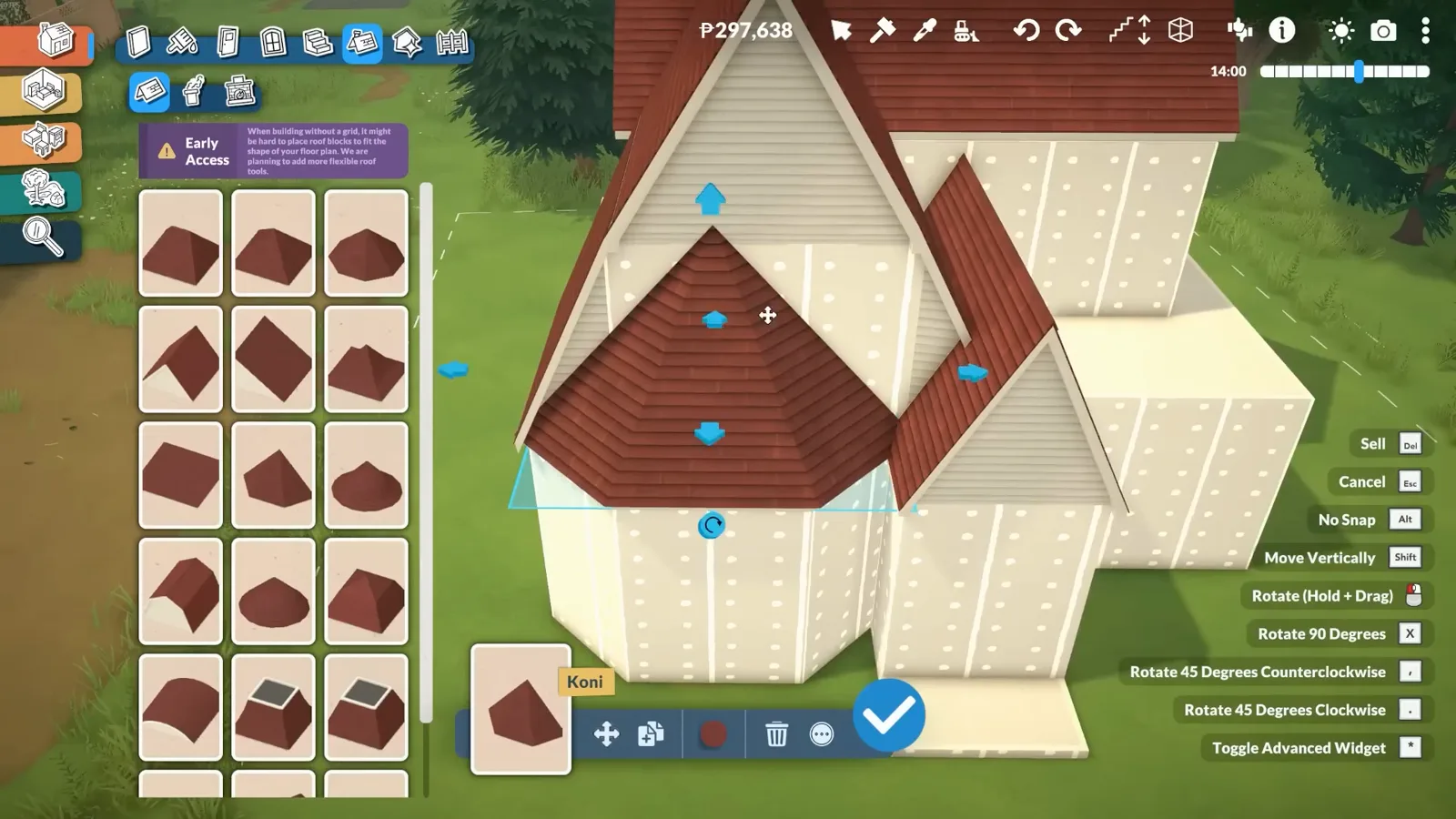 Roof catalogue open in Paralives build mode while a steep red gabled roof is assembled in sections over a white cottage shell Roof catalogue open in Paralives build mode while a steep red gabled roof is assembled in sections over a white cottage shell