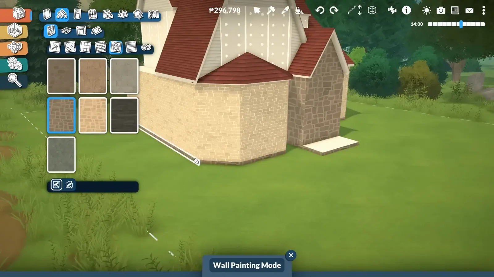 Paralives Wall Painting Mode applying a stone texture to cottage walls with the material swatch grid open Paralives Wall Painting Mode applying a stone texture to cottage walls with the material swatch grid open