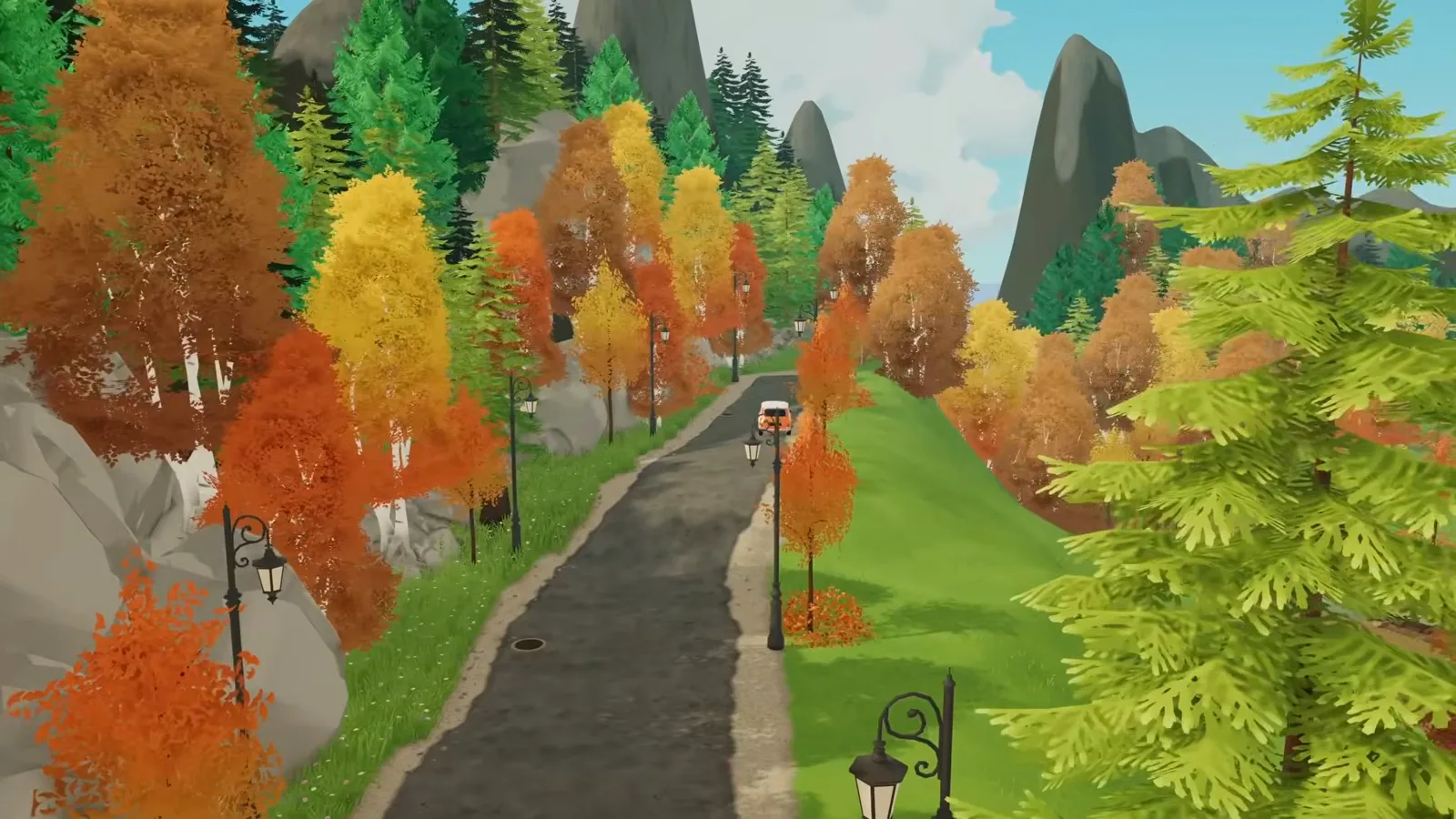 Deciduous trees planted along a Paralives city street so the autumn colours reach past the forest into town
