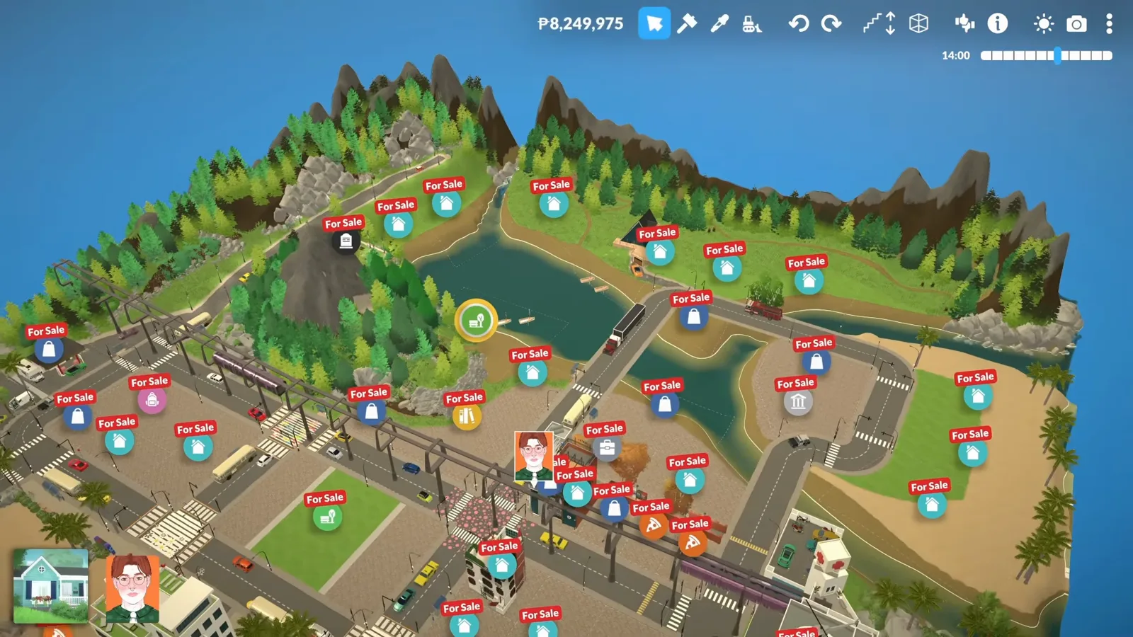 Paralives city editing map with For Sale lot banners across a custom town built from scratch