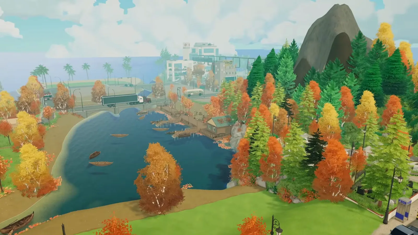 Orange and gold deciduous trees mixed into dark evergreen stands around a Paralives lake peninsula