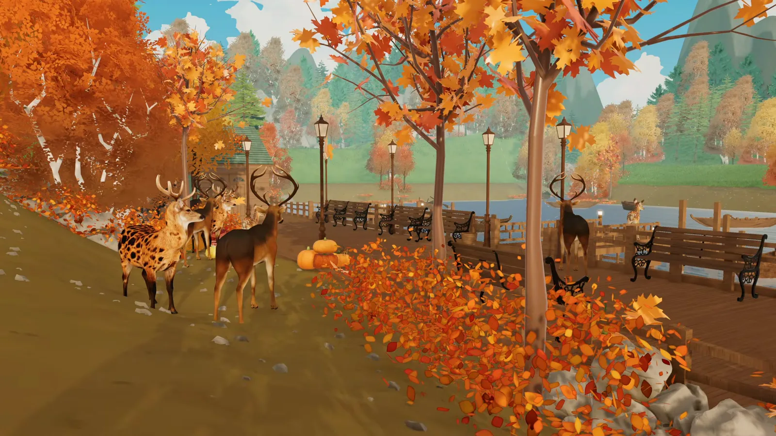 Deer gathered by the waterfront benches among tiny pumpkins and fallen leaves in an autumn Paralives city