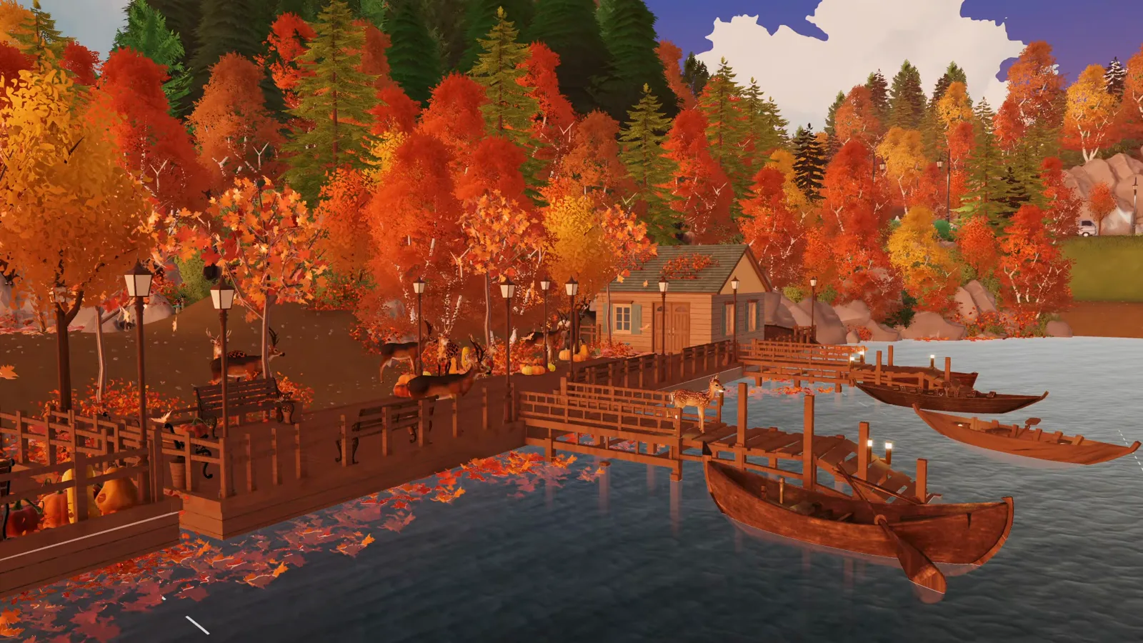 Finished Paralives autumn waterfront with wooden piers, rowing boats, park benches and lit lanterns under orange and gold trees