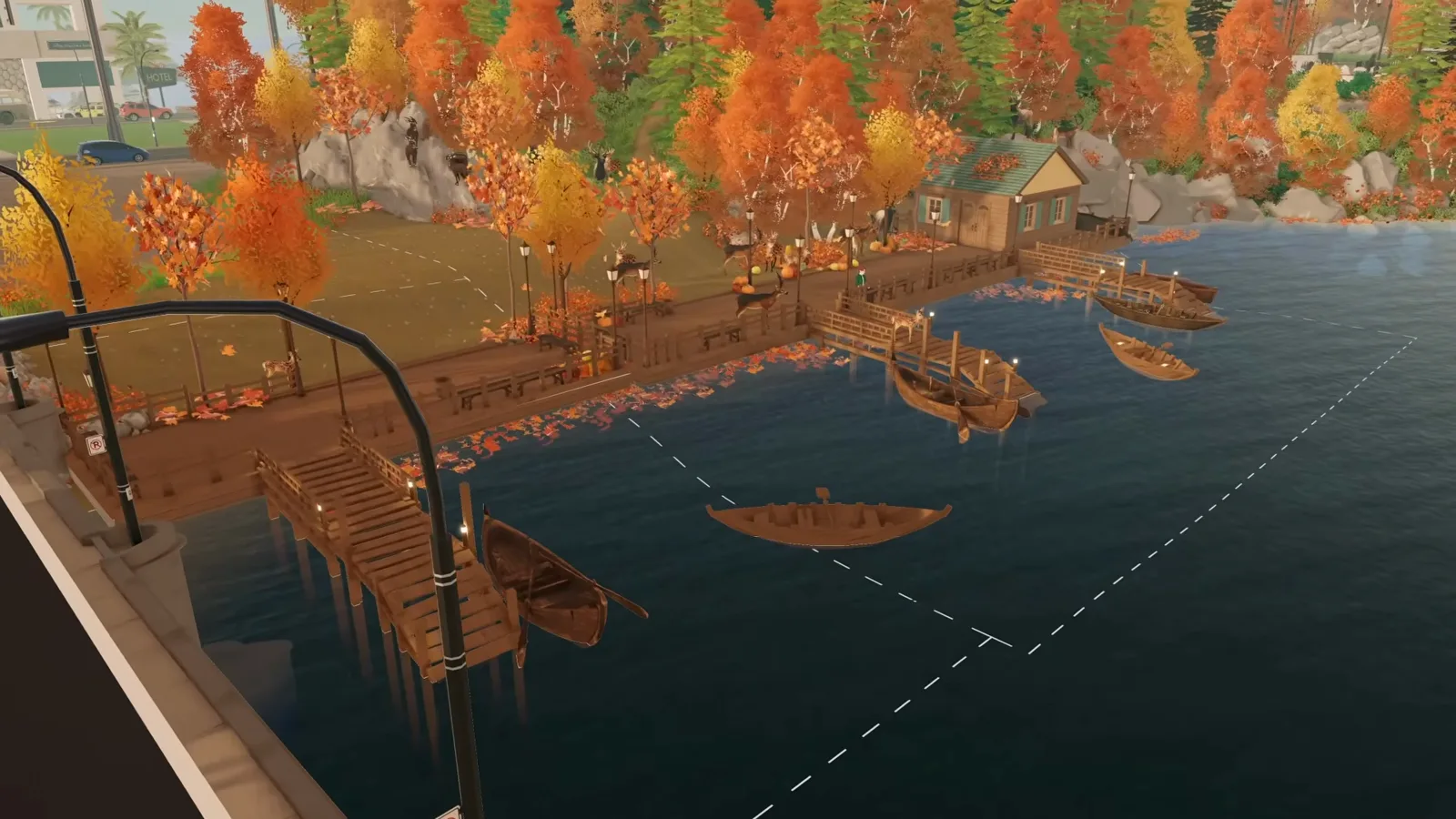 Aerial view of wooden piers and rowing boats turning a Paralives lakeshore into a small harbour