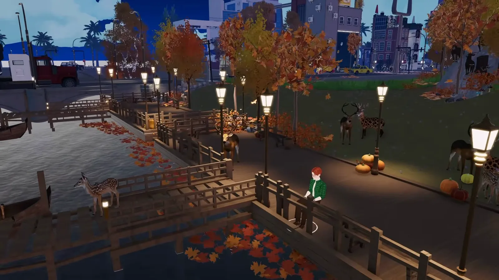 Lantern-lit waterfront promenade at night with a Para sitting on a bench in a Paralives custom city