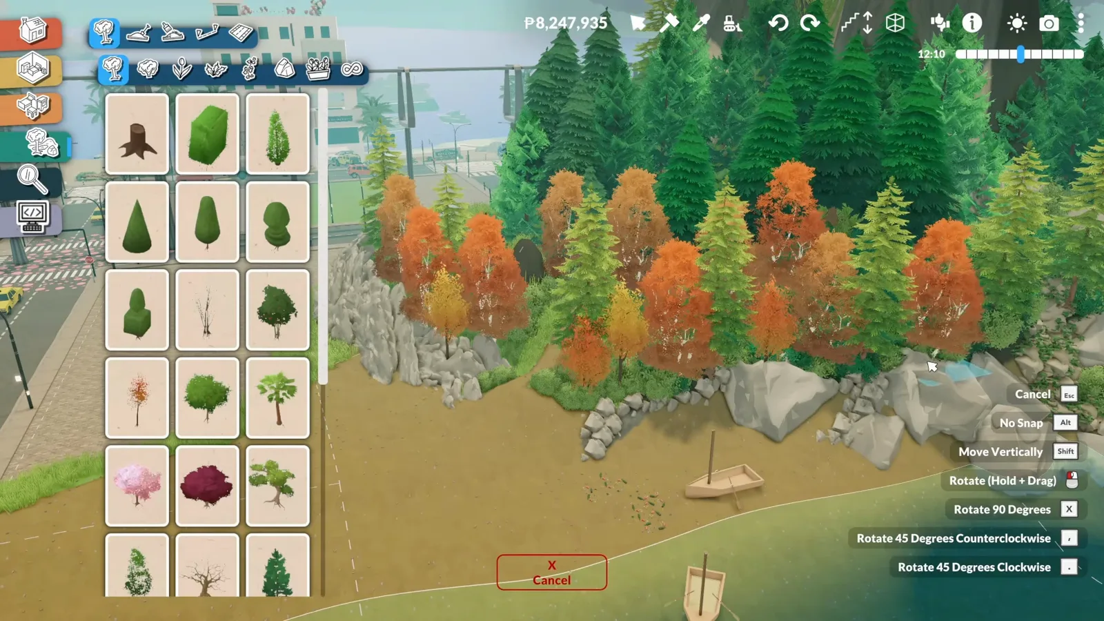Holding Shift while planting in Paralives raises or lowers each tree to match the rocks and slope behind it