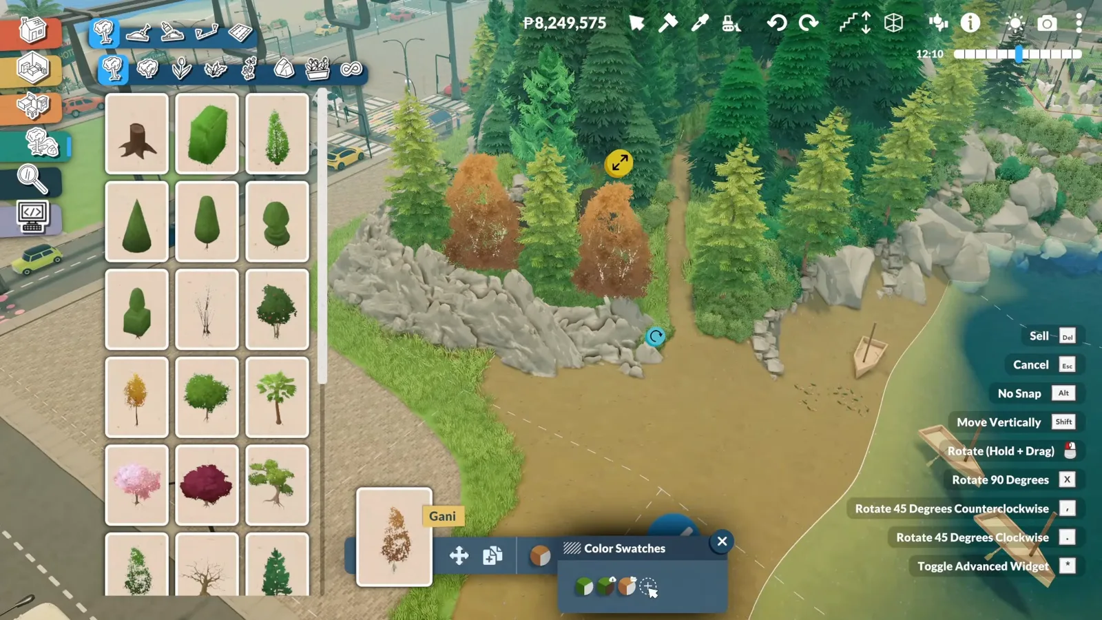 Paralives tree catalogue open in build mode while new trees fill the rocky shoreline of a custom city