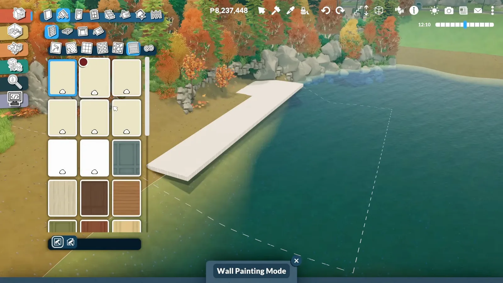 Wall Painting Mode repainting the dock shell in warm wood tones so it reads as wooden decking in Paralives
