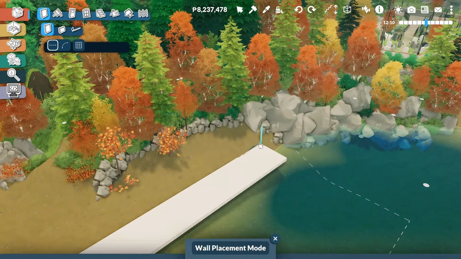 Wall Placement Mode stretching a rectangular wall shell over the water to form the base of a Paralives dock