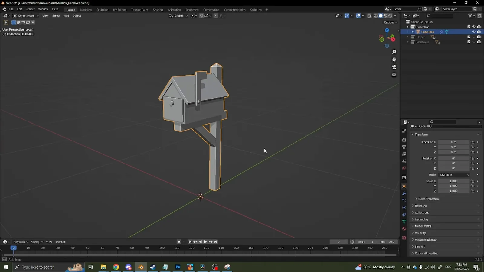 Eine fertige Low-Poly-Mailbox in Blender, das Demo-Objekt eines Paralives-Custom-Content-Tutorials
