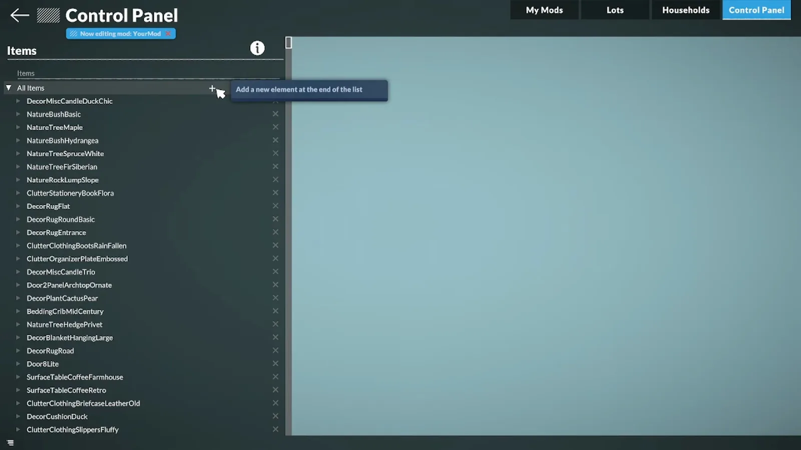 Items-Liste in der Control Panel von Paralives mit dem Plus-Tooltip „Add a new element at the end of the list“