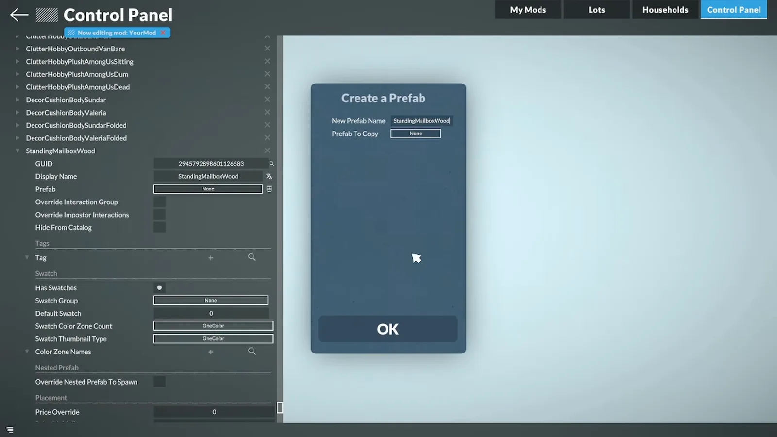 Dialog Create a Prefab in Paralives mit passend getipptem Prefab-Namen und dem OK-Button darunter