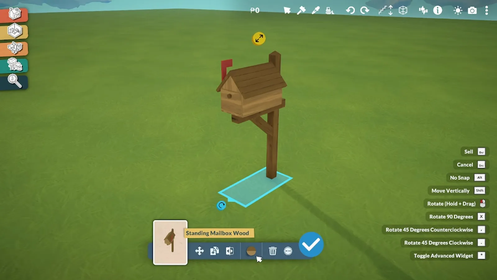 Eine von einem Spieler gebaute stehende Mailbox aus Holz auf einer Paralives-Wiese mit geöffnetem Kontextmenü, wie ein offizielles Objekt