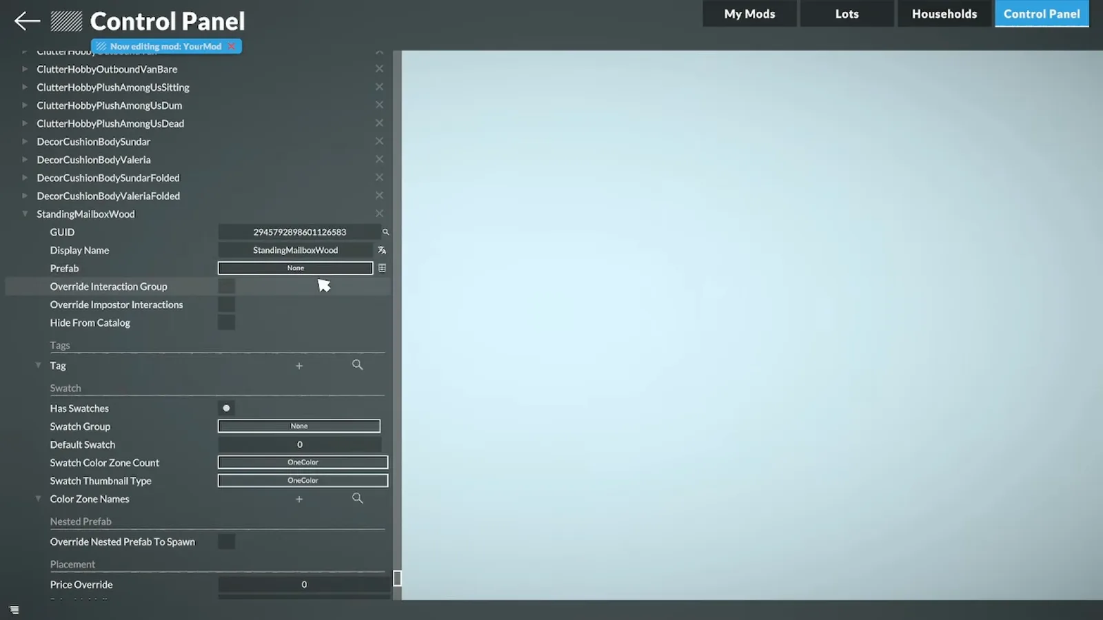 Dialog Edit Translation in Paralives mit dem internen Schlüssel Item_StandingMailboxWood neben dem lesbaren Namen Standing Mailbox Wood