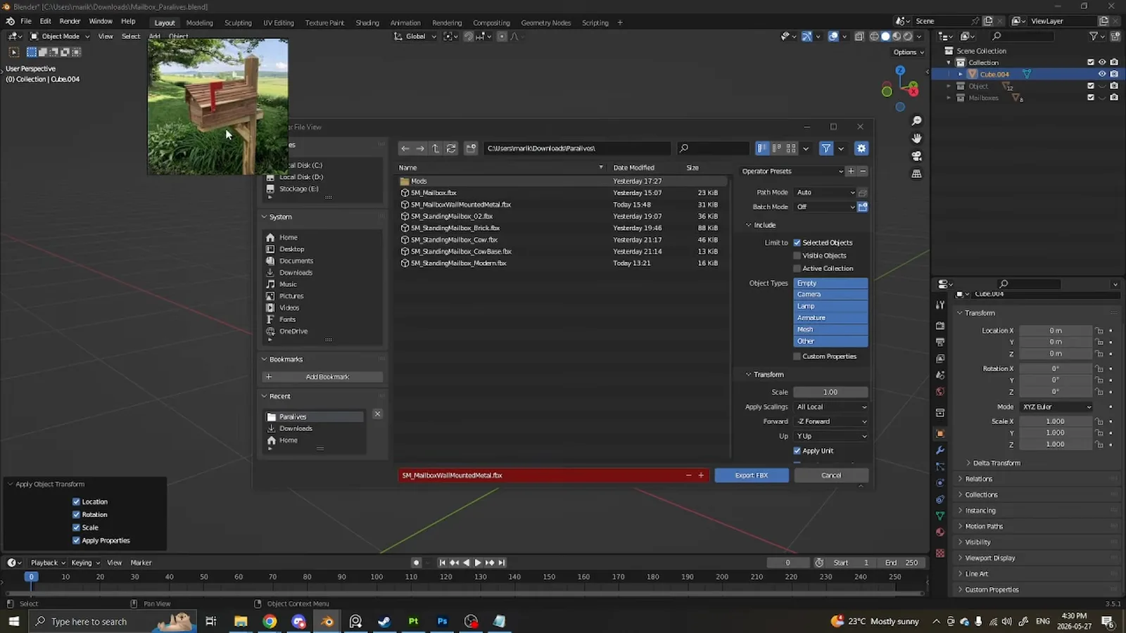 Der FBX-Export-Dialog von Blender mit aktiviertem Selected Objects und Apply Transform beim Export eines Paralives-Objekts