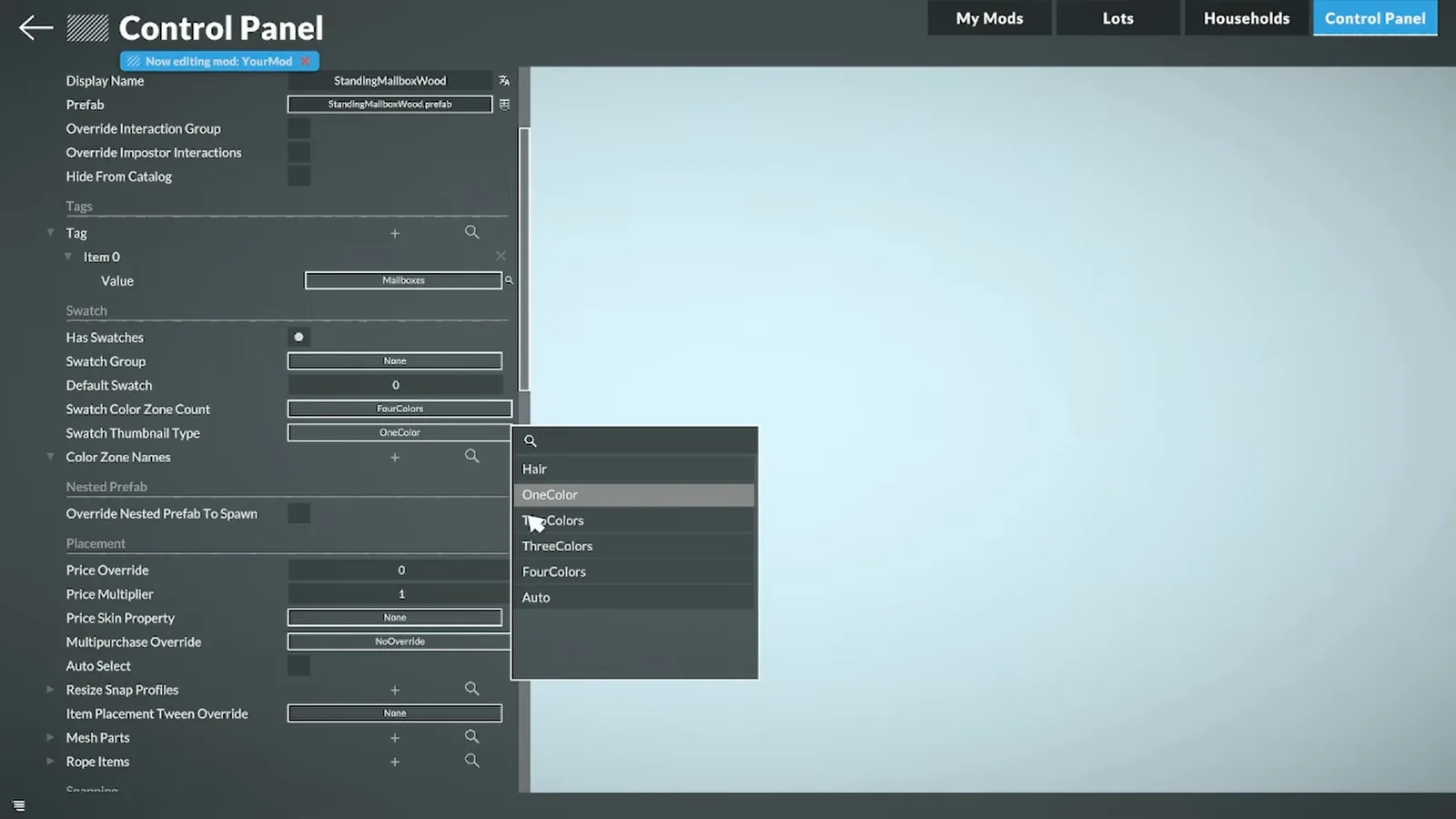 Offenes Tag-Dropdown im Item-Editor von Paralives mit Katalog-Tags wie DecoColor und Doors