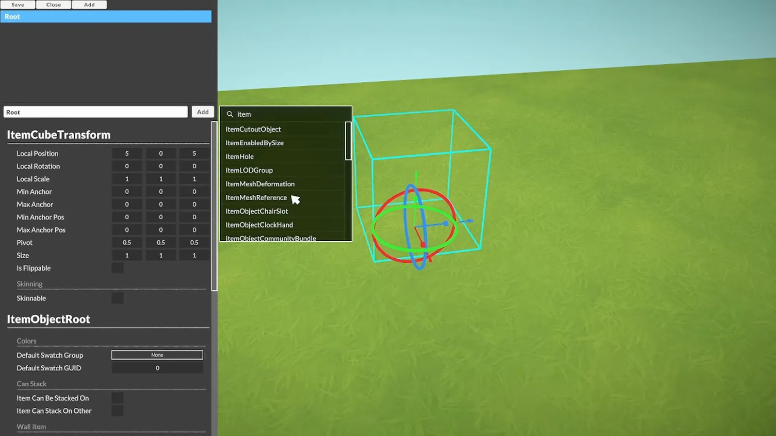 Komponentensuche im Prefab Editor von Paralives mit hervorgehobenem ItemMeshReference in der Komponentenliste
