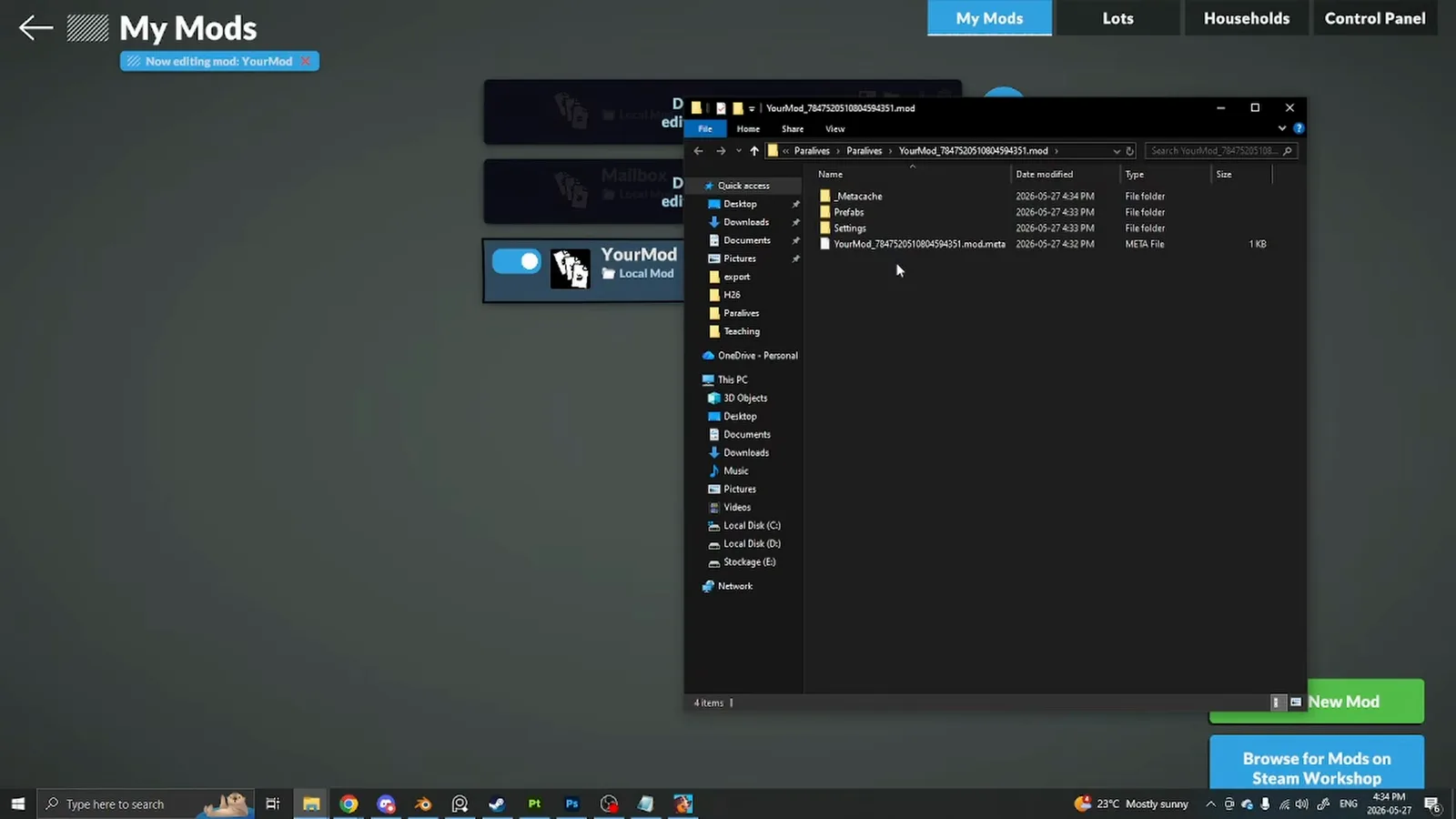 Windows Explorer mit einem Paralives-Mod-Ordner namens YourMod, in den die exportierte Mailbox-FBX gezogen wurde