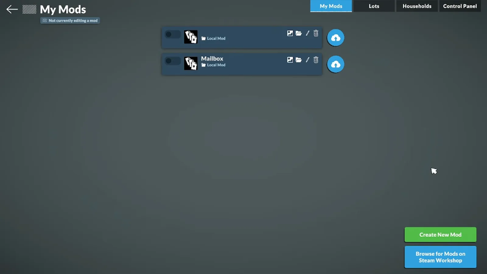 Der My Mods-Bildschirm in Paralives mit lokalen Mod-Zeilen über den Buttons Create New Mod und Browse for Mods on Steam Workshop