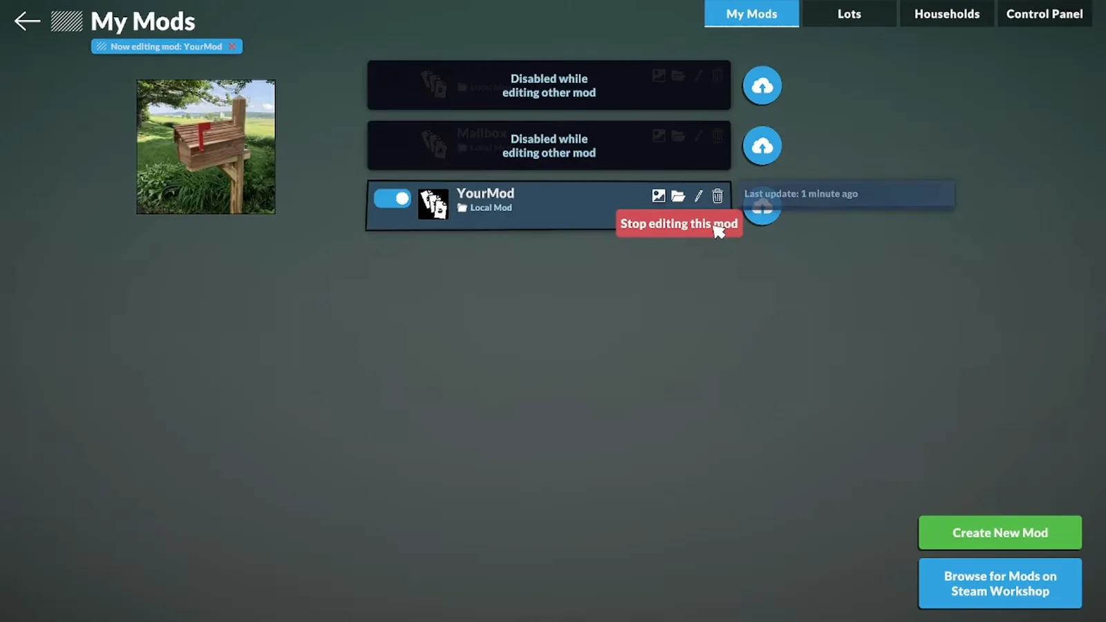 My Mods-Bildschirm in Paralives mit ausgewähltem YourMod, dessen Cloud-Symbol und dem Vermerk Last update 1 minute ago