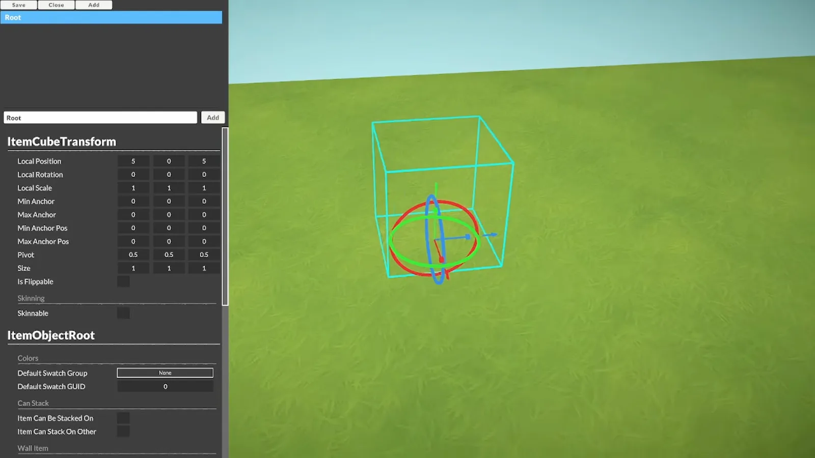 Prefab-Editor-Panel in Paralives mit Root-Einstellungen und den Schaltern Is Flippable und Is Scalable neben der cyanfarbenen Bounding Box