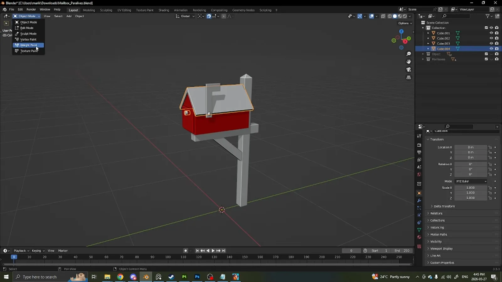 Vertex-Paint-Modus in Blender mit reinrot bemaltem Mailbox-Körper und hervorgehobenem Set Vertex Colors im Paint-Menü