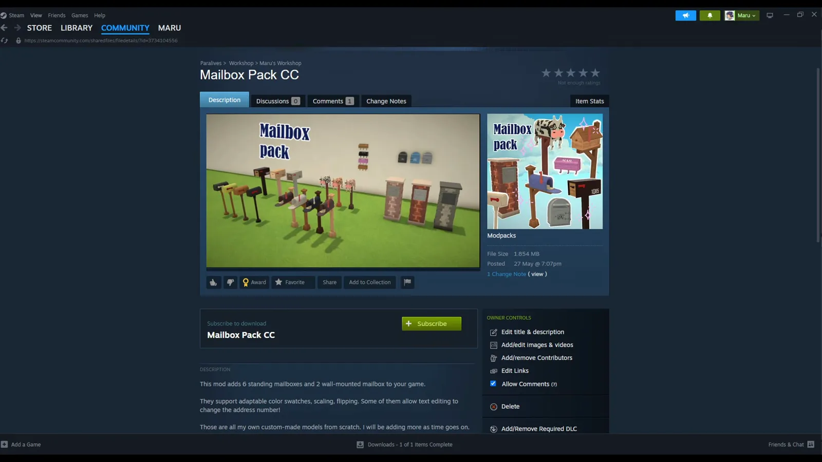 Steam-Workshop-Seite von Mailbox Pack CC mit drei selbstgebauten Paralives-Mailboxen, Beschreibung und Subscribe-Button