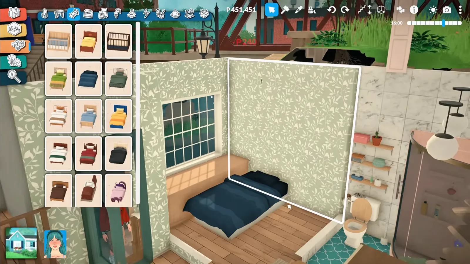 Navy blue bed placed in a small Paralives bedroom with the bed catalogue open