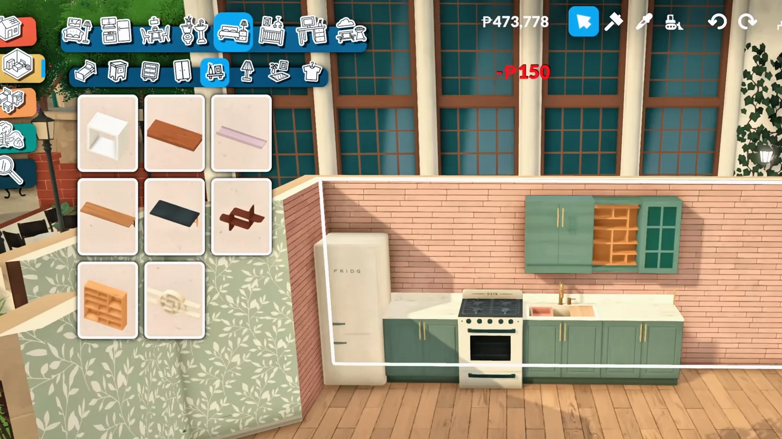 Open cabinet with wooden cubby shelving inserted between two green Paralives kitchen cabinets