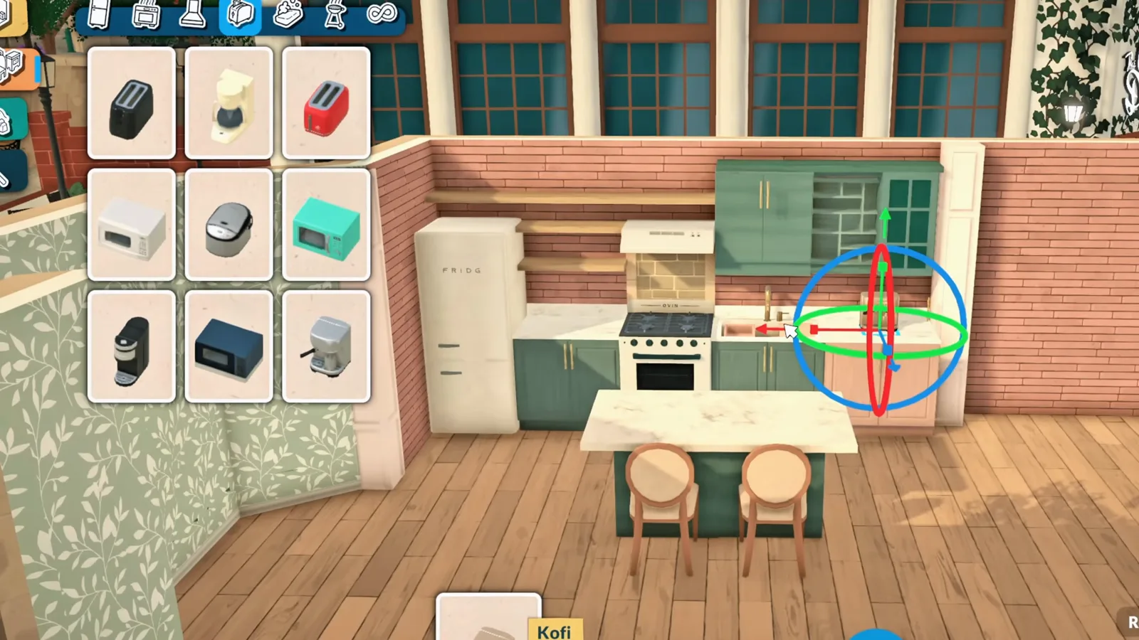 Coffee machine enlarged with the transform gizmo behind a finished Paralives island with two snapped stools
