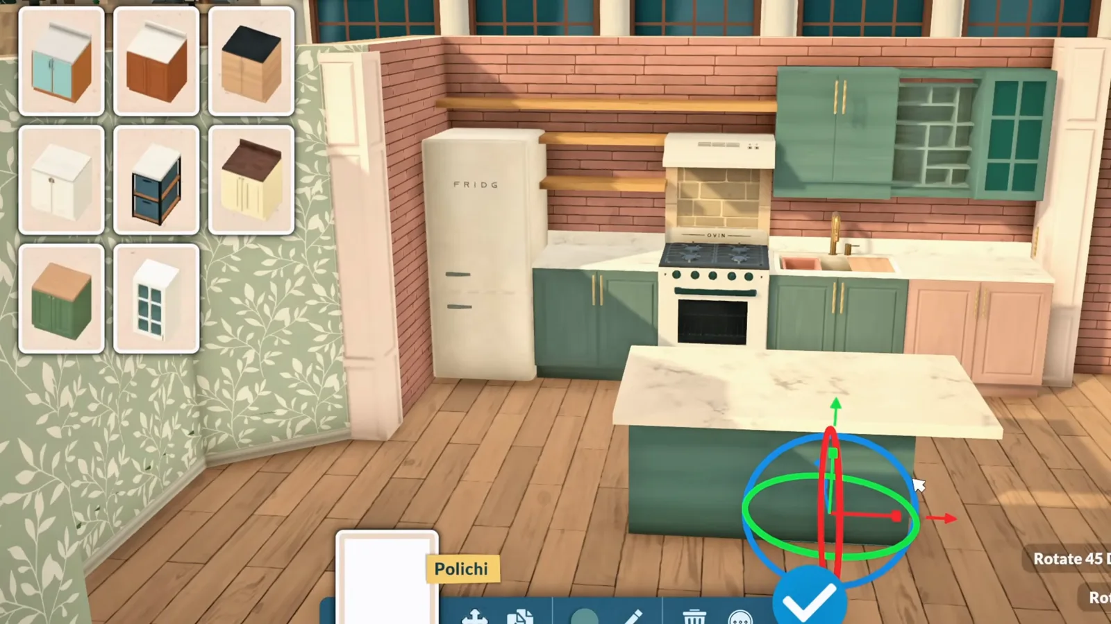 Green cabinet resized vertically under a marble table top to form a Paralives kitchen island base