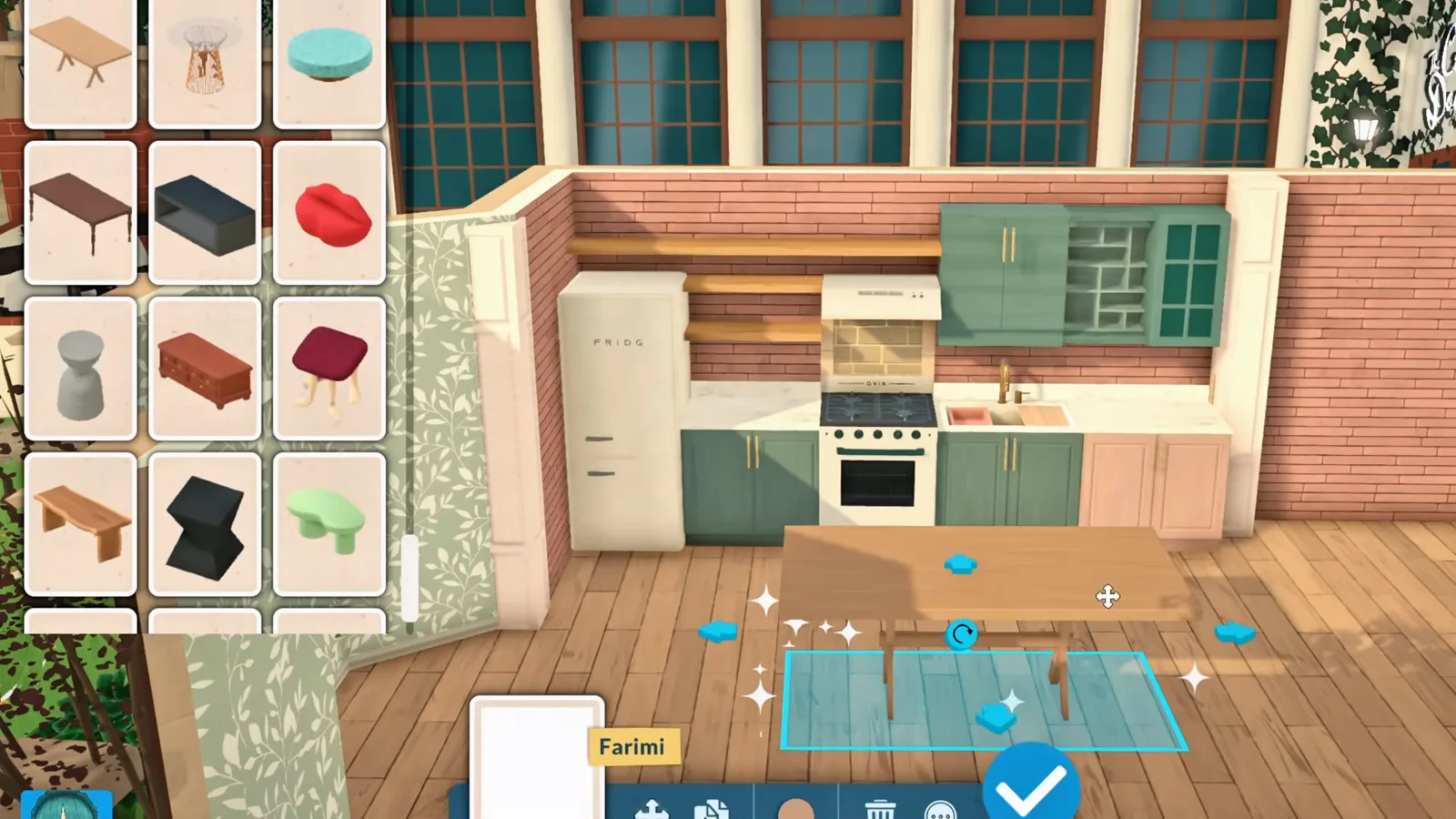 Dining table placed as a kitchen island countertop in Paralives with the placement highlight glowing
