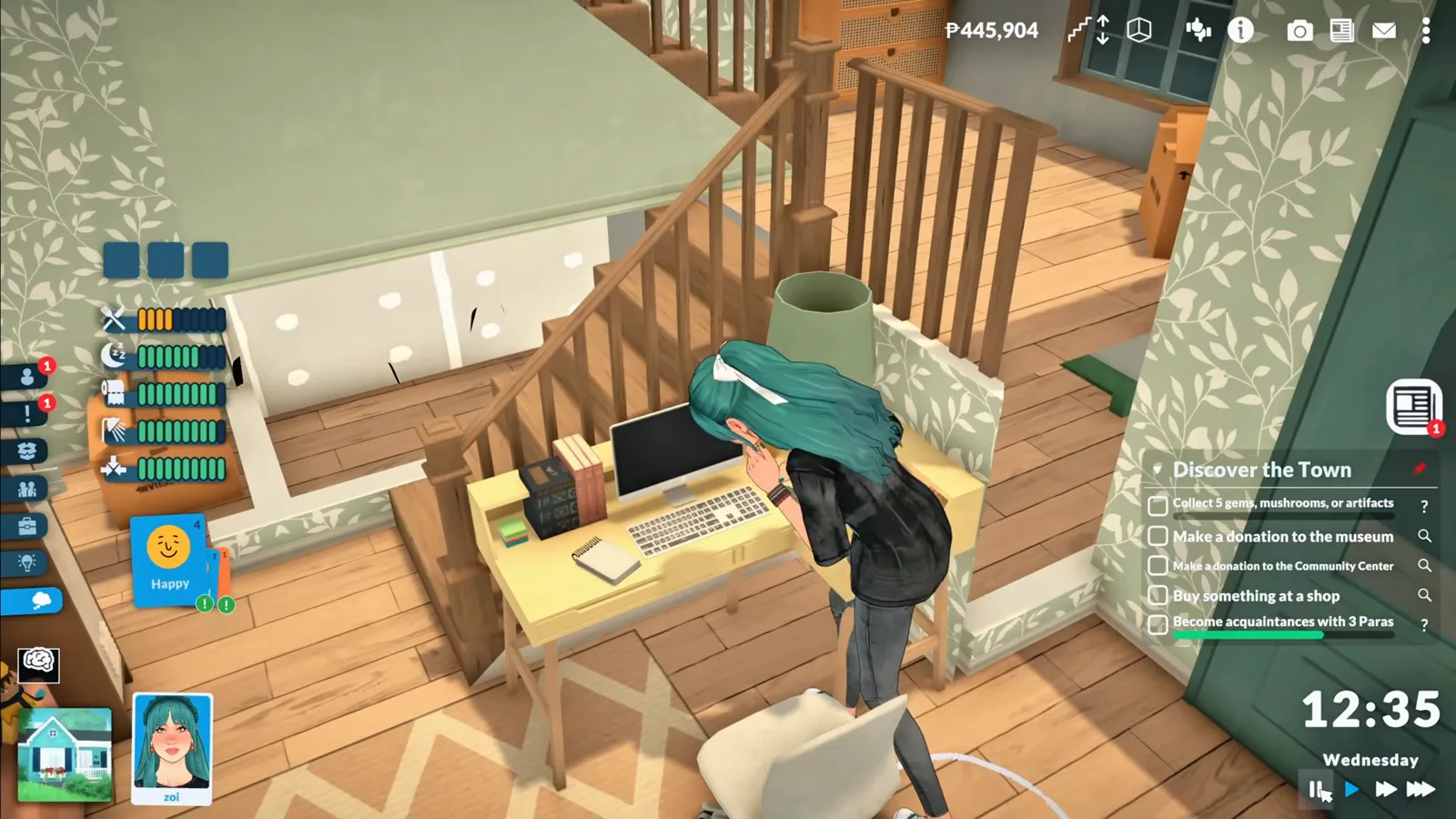 Para typing at a custom L-shaped corner desk in Paralives live mode