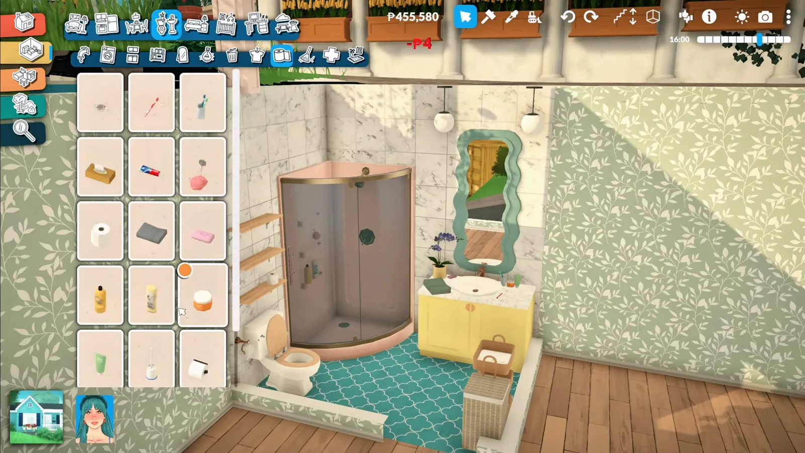 Shampoo and bath products placed inside a Paralives shower with the bathroom catalogue open