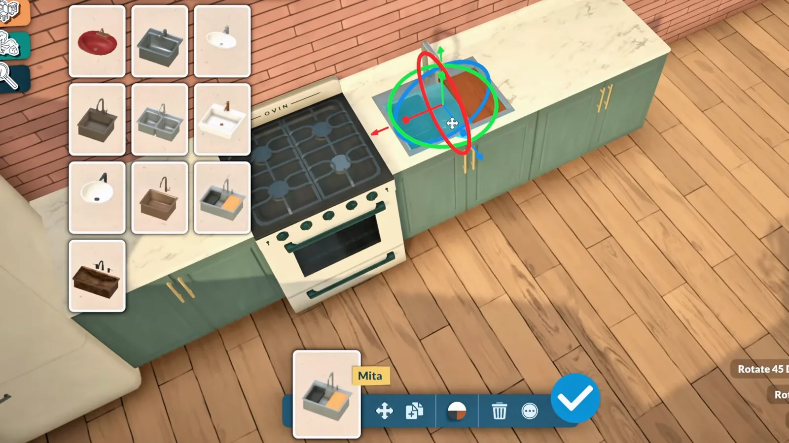 Paralives kitchen sink stretched with the advanced transform tool gizmo while the sink catalogue stays open