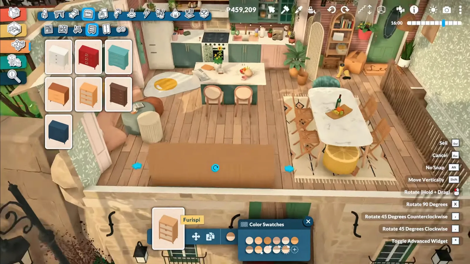 Overhead view of long sofa sections being joined with snap markers in Paralives build mode
