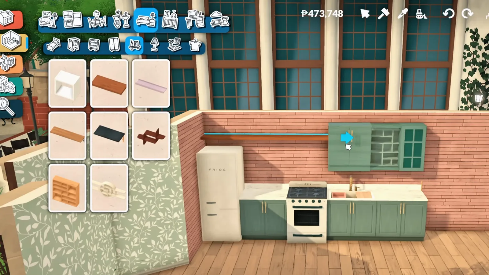 Long wooden wall shelf installed above the stove and tiled backsplash in a Paralives kitchen