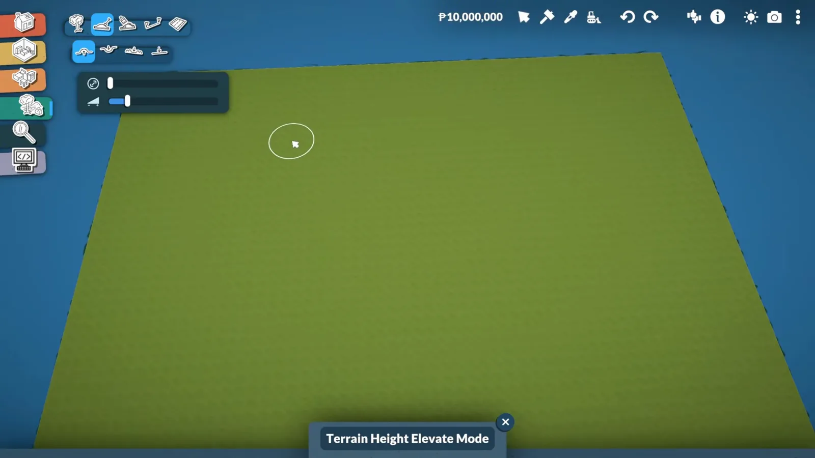 Terrain Height Elevate Mode brush lifting the back of a Paralives island into hills Terrain Height Elevate Mode brush lifting the back of a Paralives island into hills